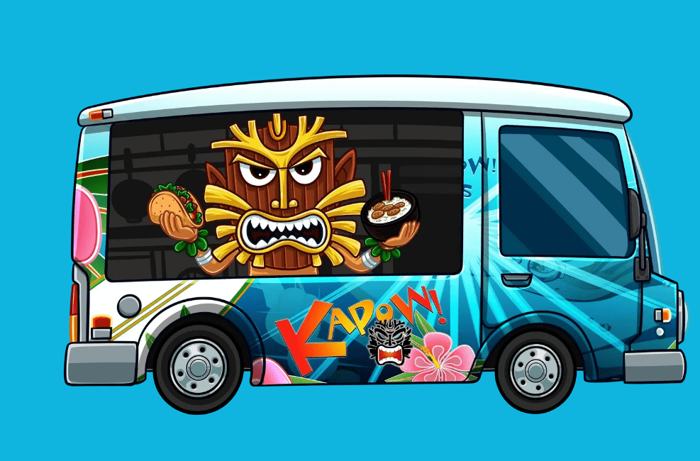 A man with a Hawaiian mask on his face holds food in the food truck