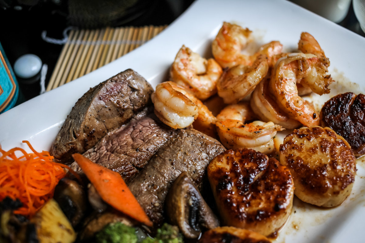 Steak and seafood plate