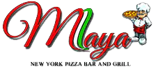 Maya New York Pizza Bar & Grill logo scroll
