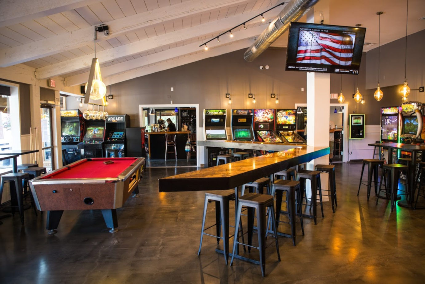 Interior, pool table and arcade games