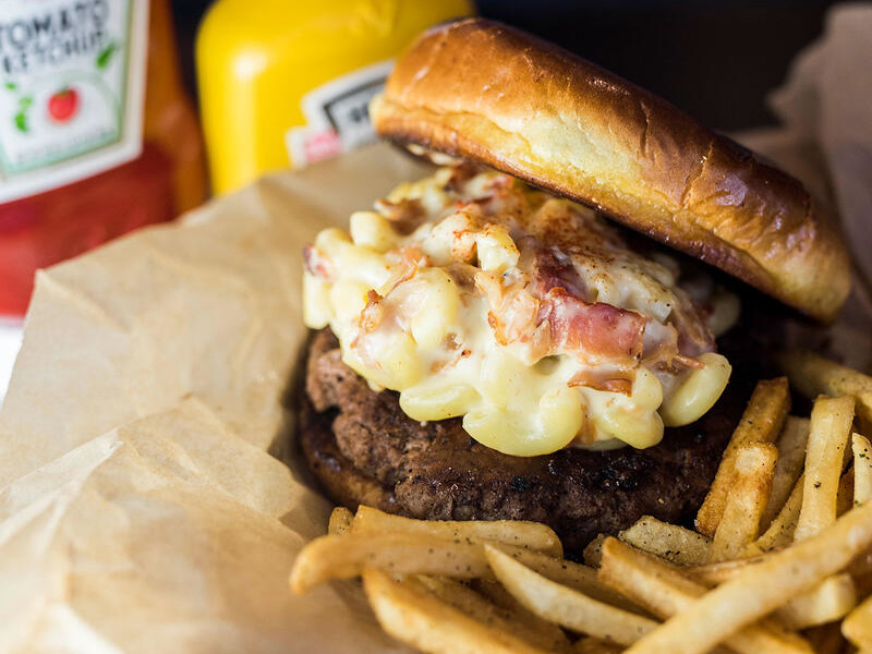 Mac and Cheese bacon burger with fries