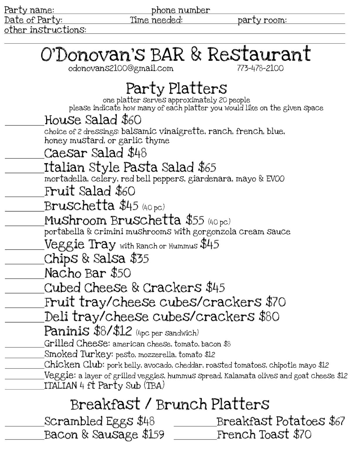 party packages menu 1