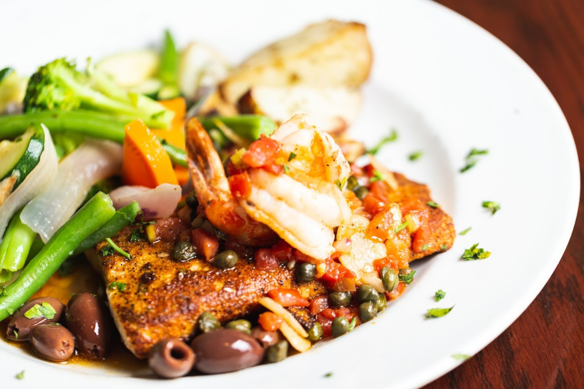 Pan-seared Mahi topped with, shrimp, Kalamata olives