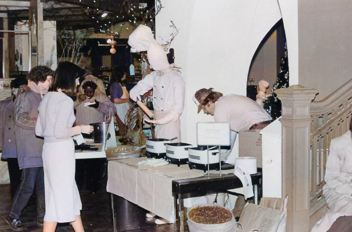 Customers at buffet line, vintage photo