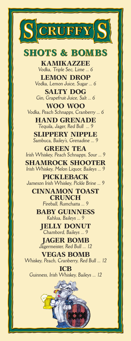 Scruffy's drinks menu