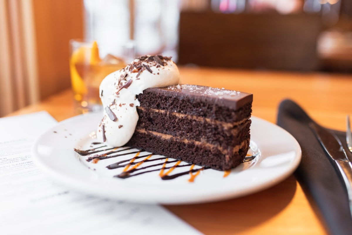 A slice of chocolate cake. Closeup view
