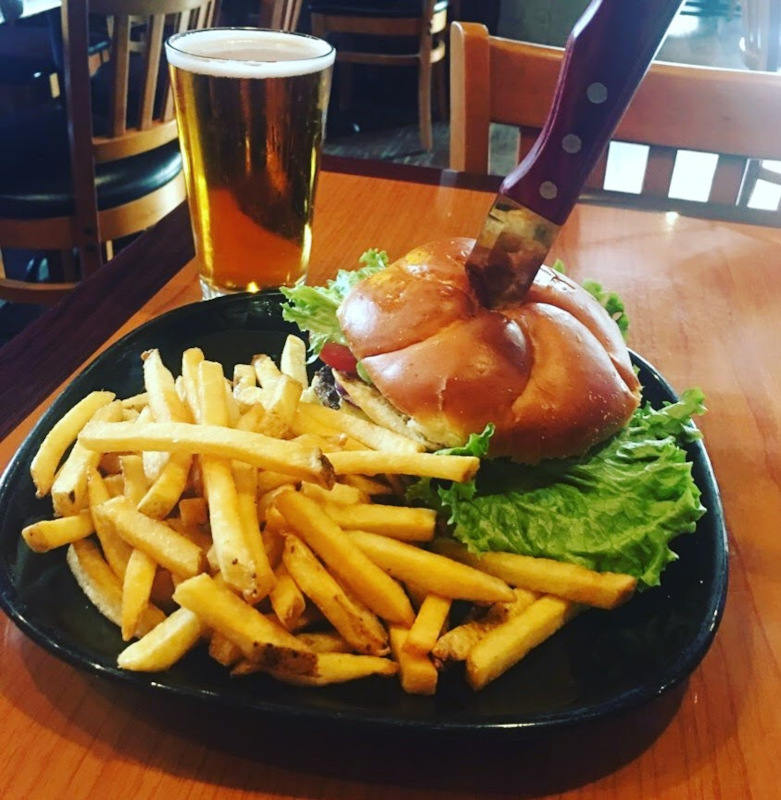 Burger and fries, beer on the side