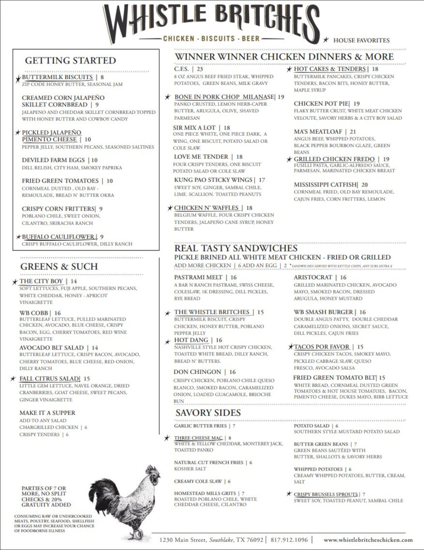 Whistle Britches lunch and dinner menu 1