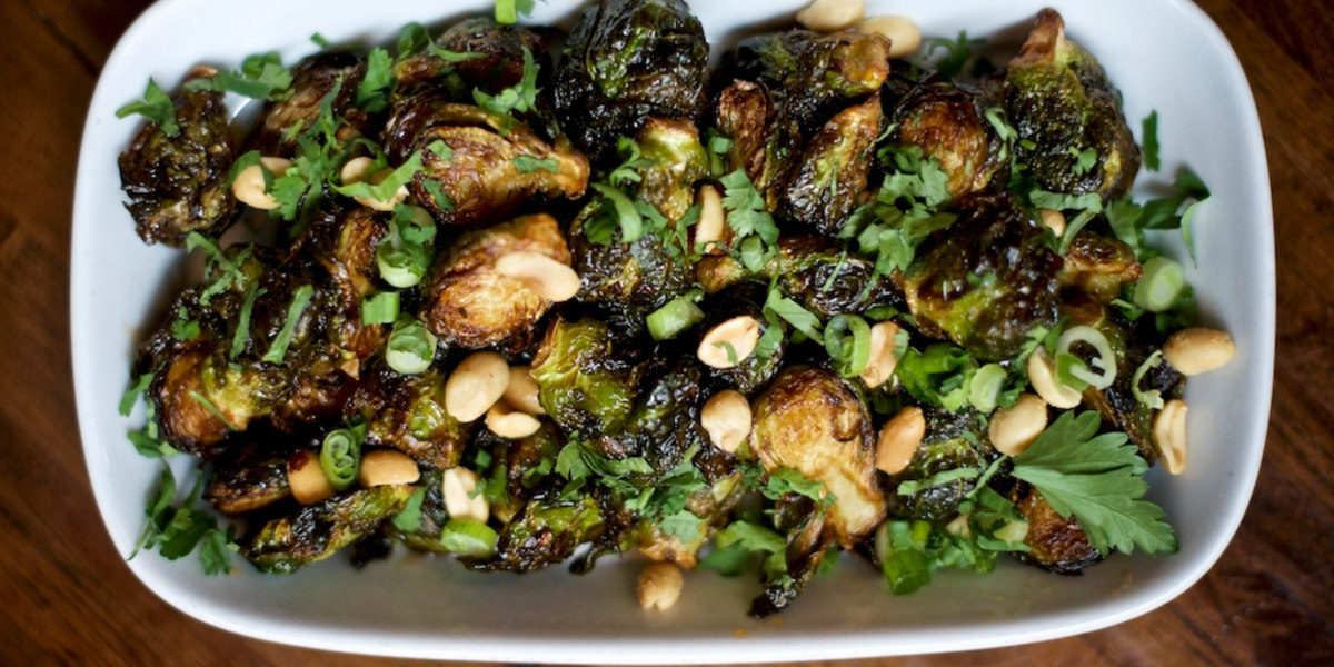 brussels sprouts with peanuts and parsley.