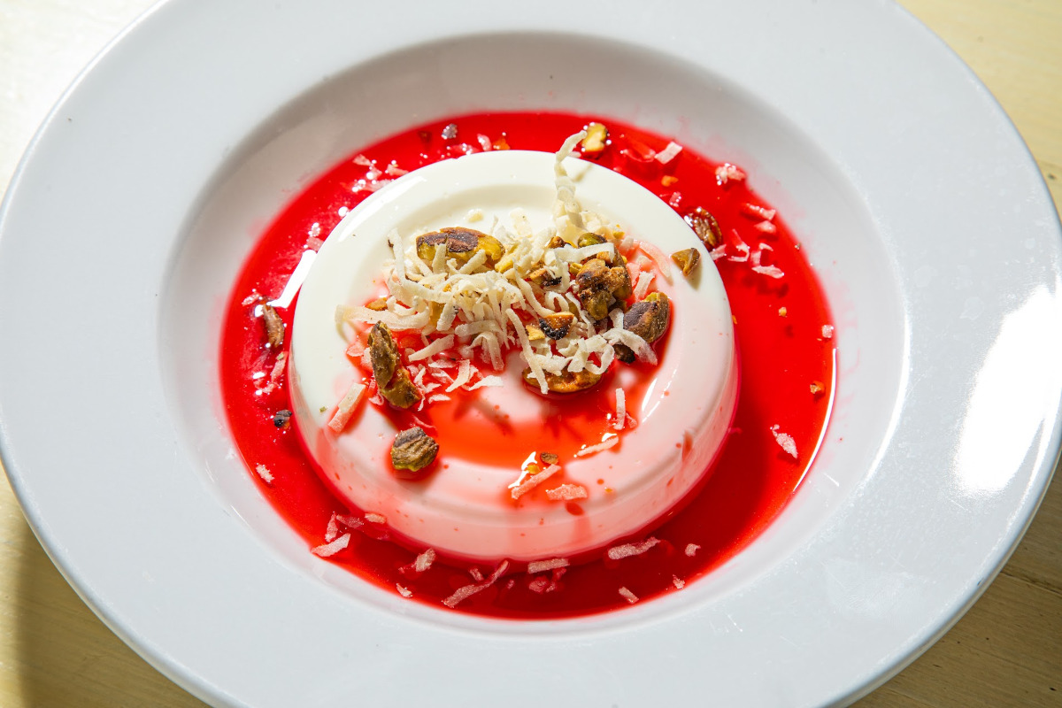 Rosewater cream pudding topped with pistachios