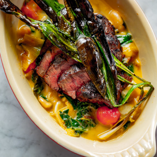 Seared steak with vegetable sauce and greens