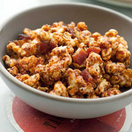 Popped corn, bacon, brown sugar and chilly