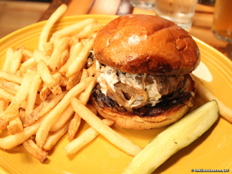 The Filling Station burger with mushrooms, onions and stout aioli