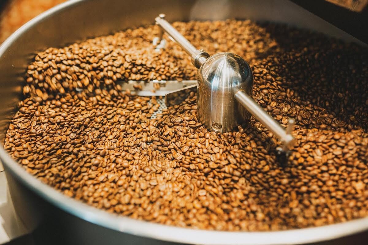 A machine processing coffee beans