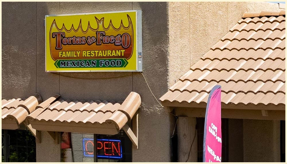 Exterior, Tortas de Fuego Family Restaurant sign