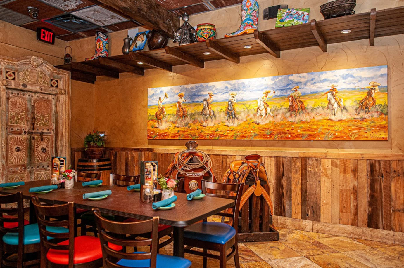 Restaurant interior, wall decorations in the back