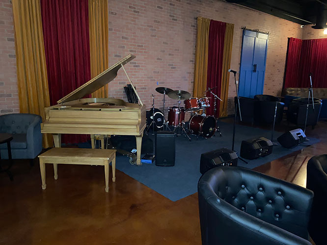 Interior, stage, piano and drum