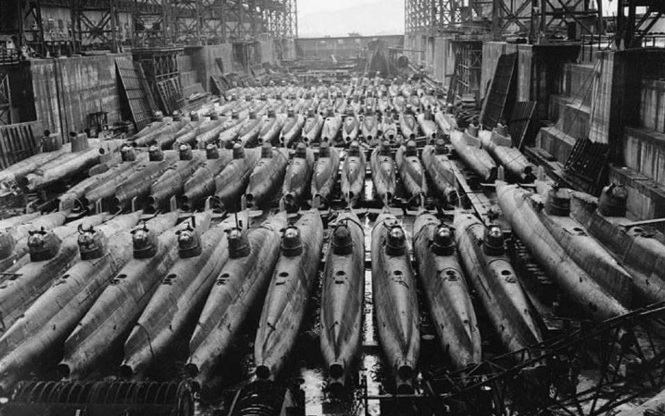 Black and white picture of submarines