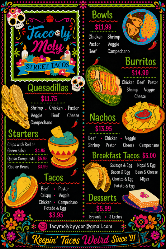 Tacooly Moly Street Tacos Menu