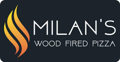 Milan's Wood Fired Pizza logo scroll