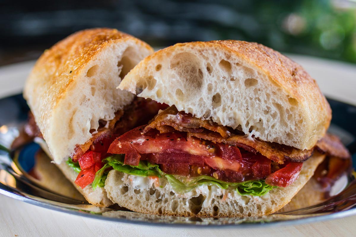Sandwich with applewood smoked bacon, romaine, tomato and mayo