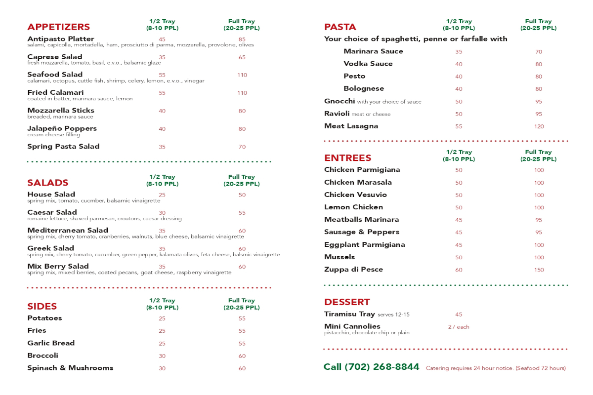 Romano Mercato Italiano Catering menu items with prices