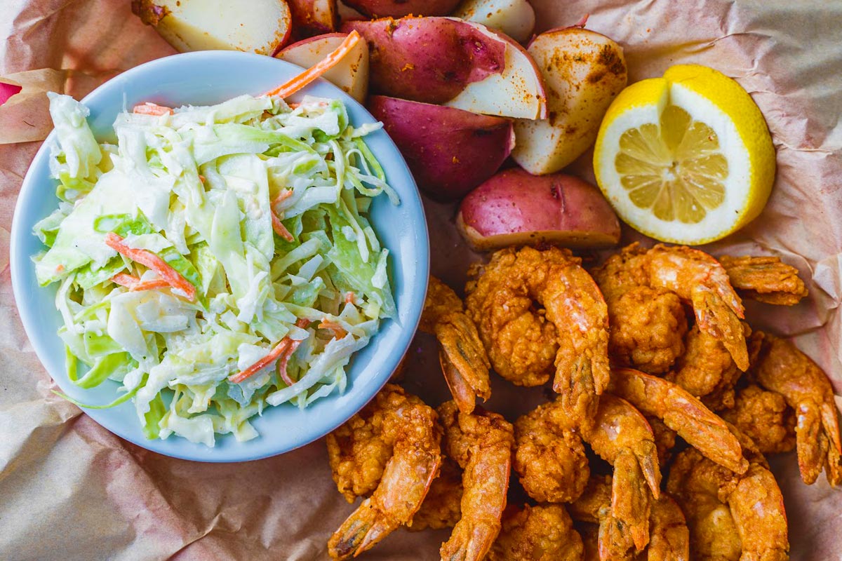 fried shrimps with salad