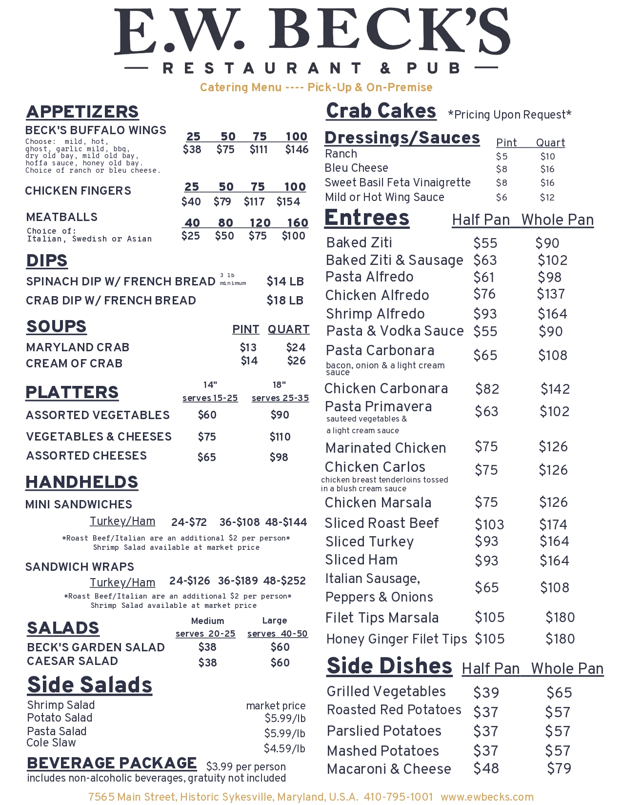 E. W. Becks catering menu