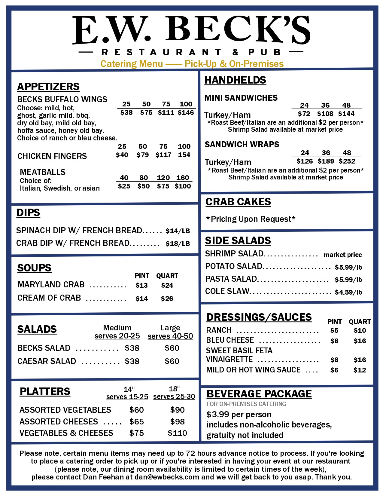 E. W. Becks catering menu