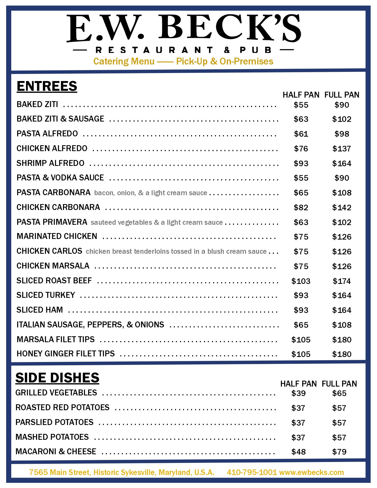 E. W. Becks catering menu
