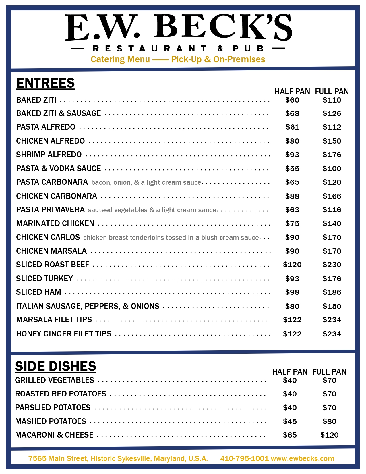 E. W. Becks catering menu