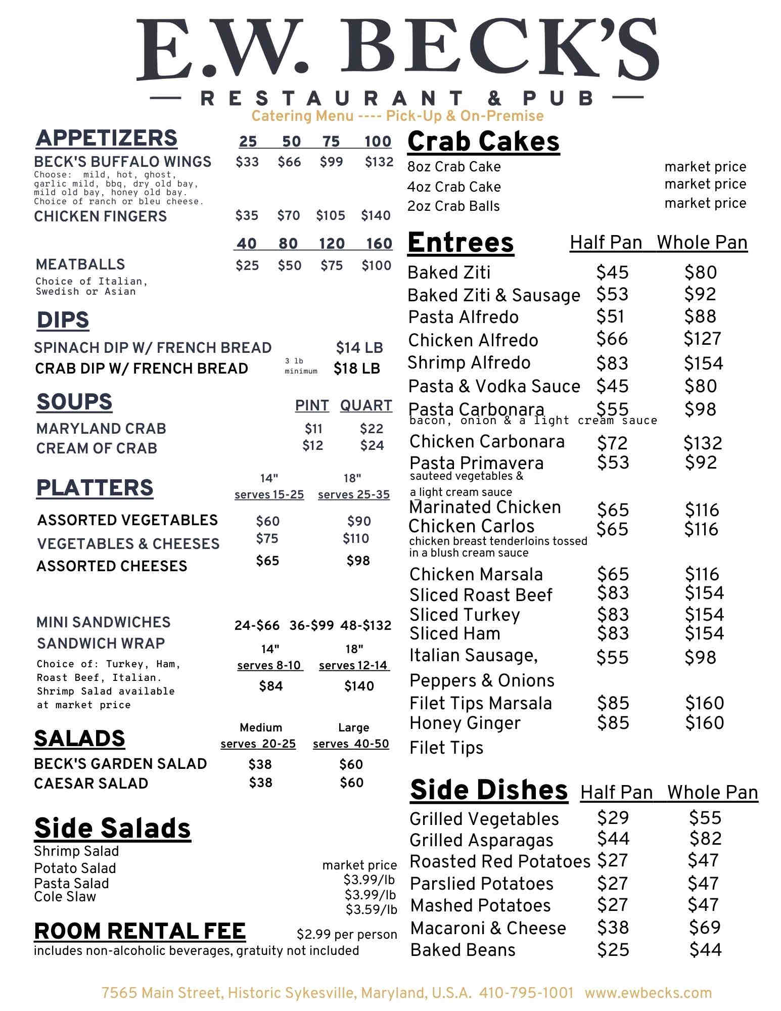E. W. Becks catering menu