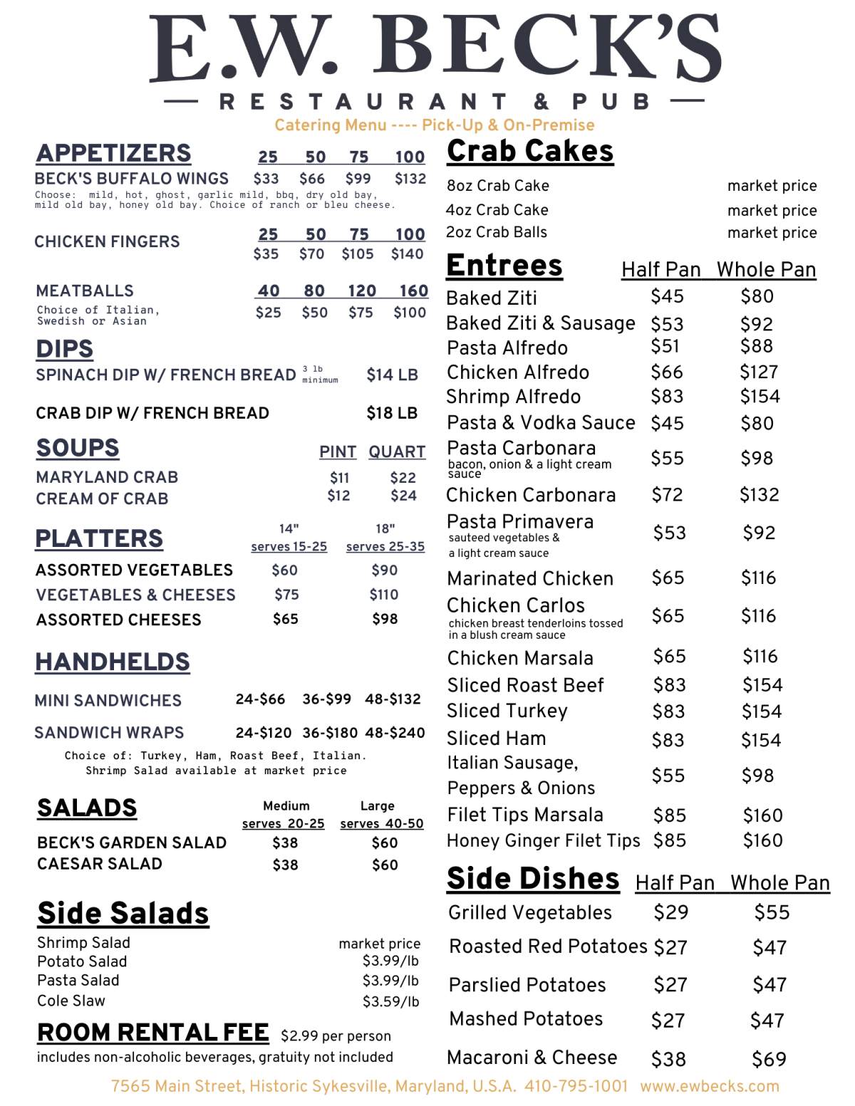 E. W. Becks catering menu