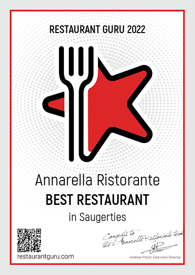  Certificate for 2022 best restaurant in Saugerties