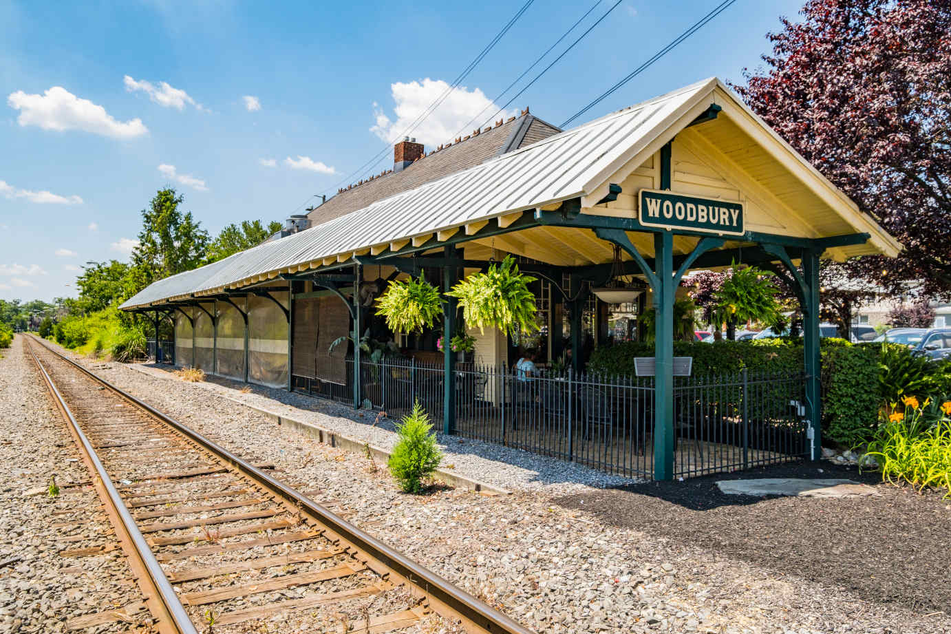 Outdoors in daylight, Woodbury Station building near a railroad track