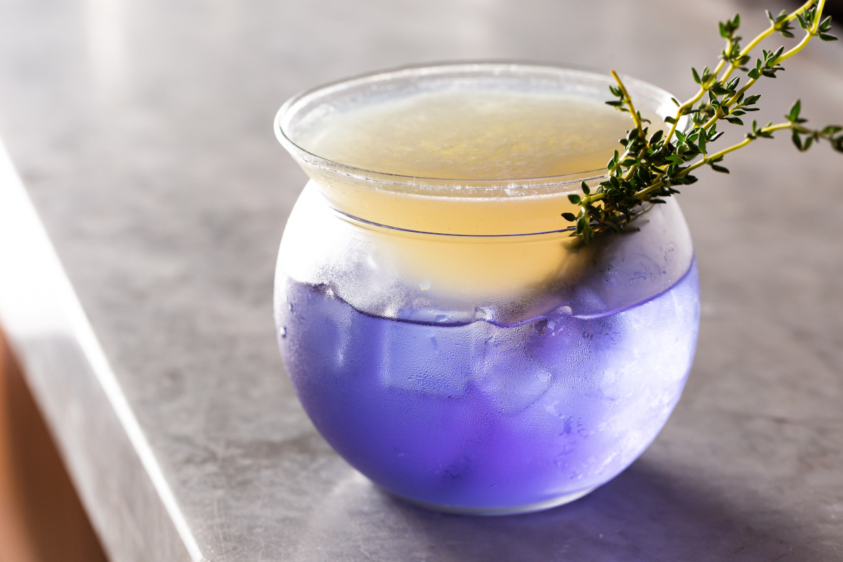 a glass with a drink and a sprig of thyme
