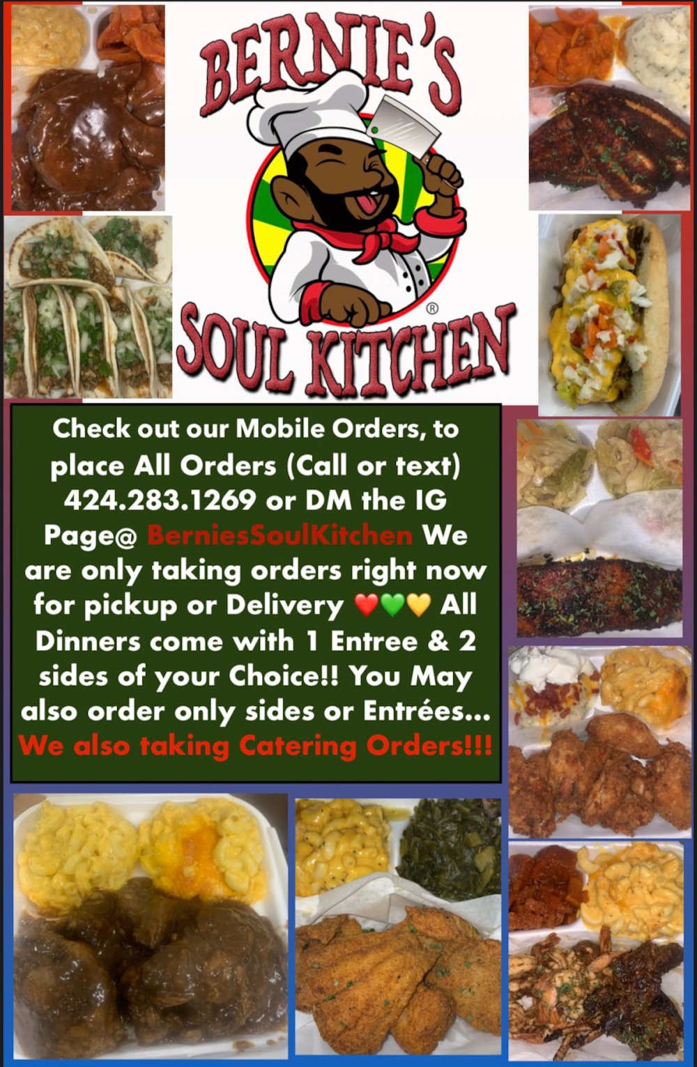 Bernie's Soul Kitchen, order info flyer