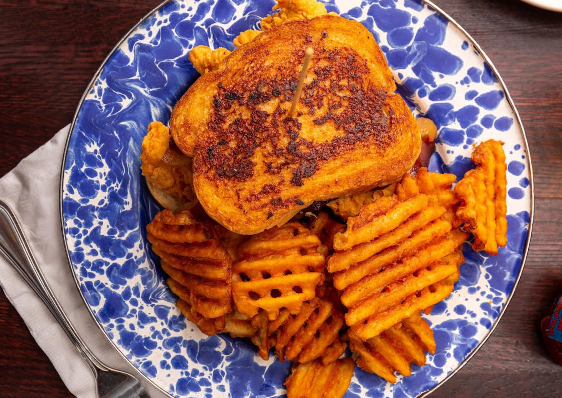Grilled cheese sandwich and waffle fries