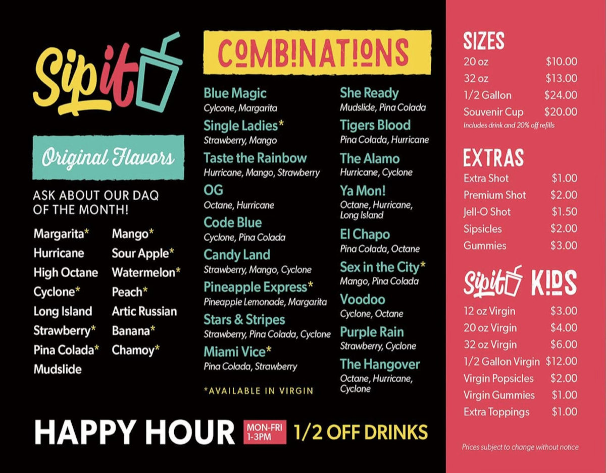 SIPIT DAIQUIRIS TOGO Huebner Drink Menu