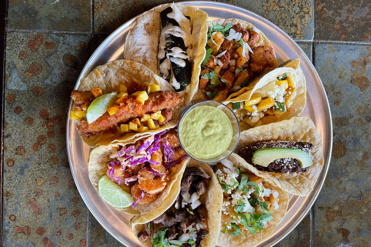 Various types of tacos served together on a plate with a dressing dip