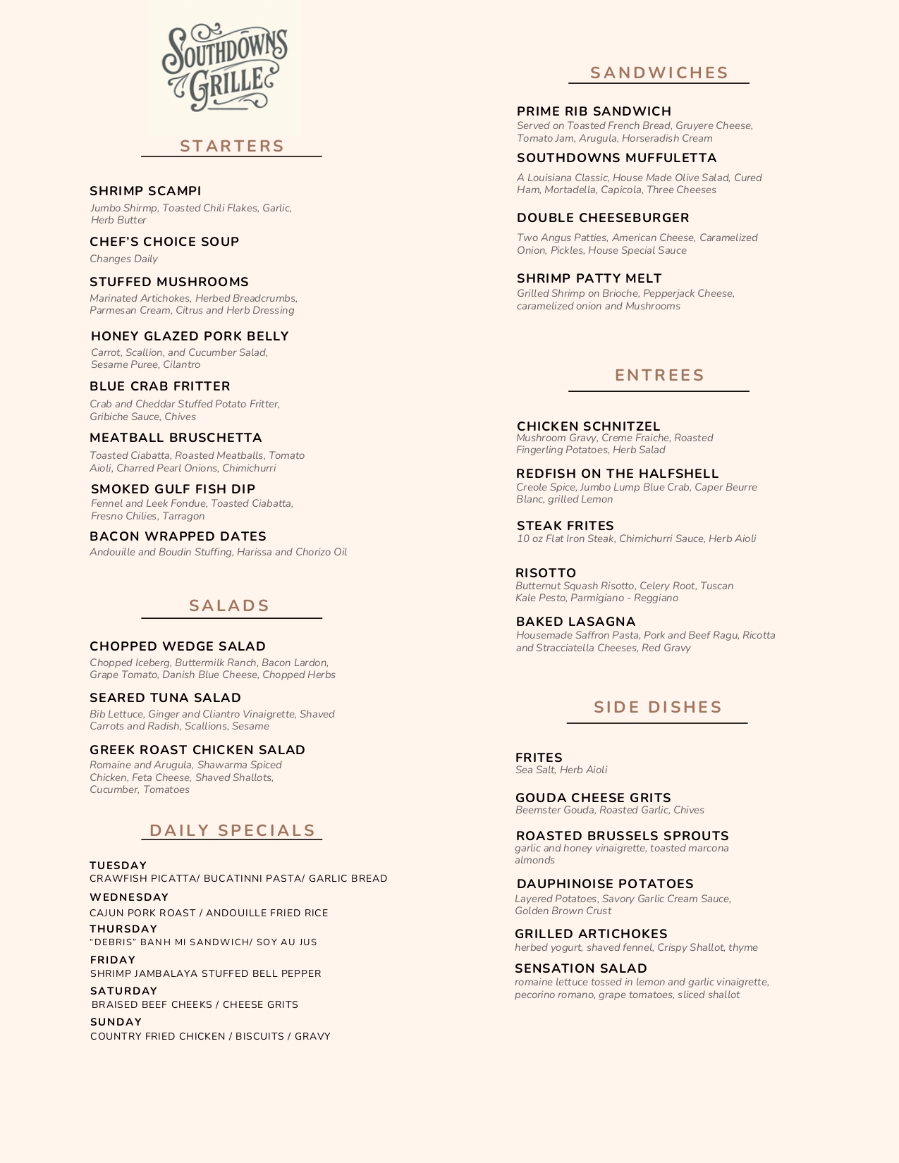 Southdowns Grille Menu