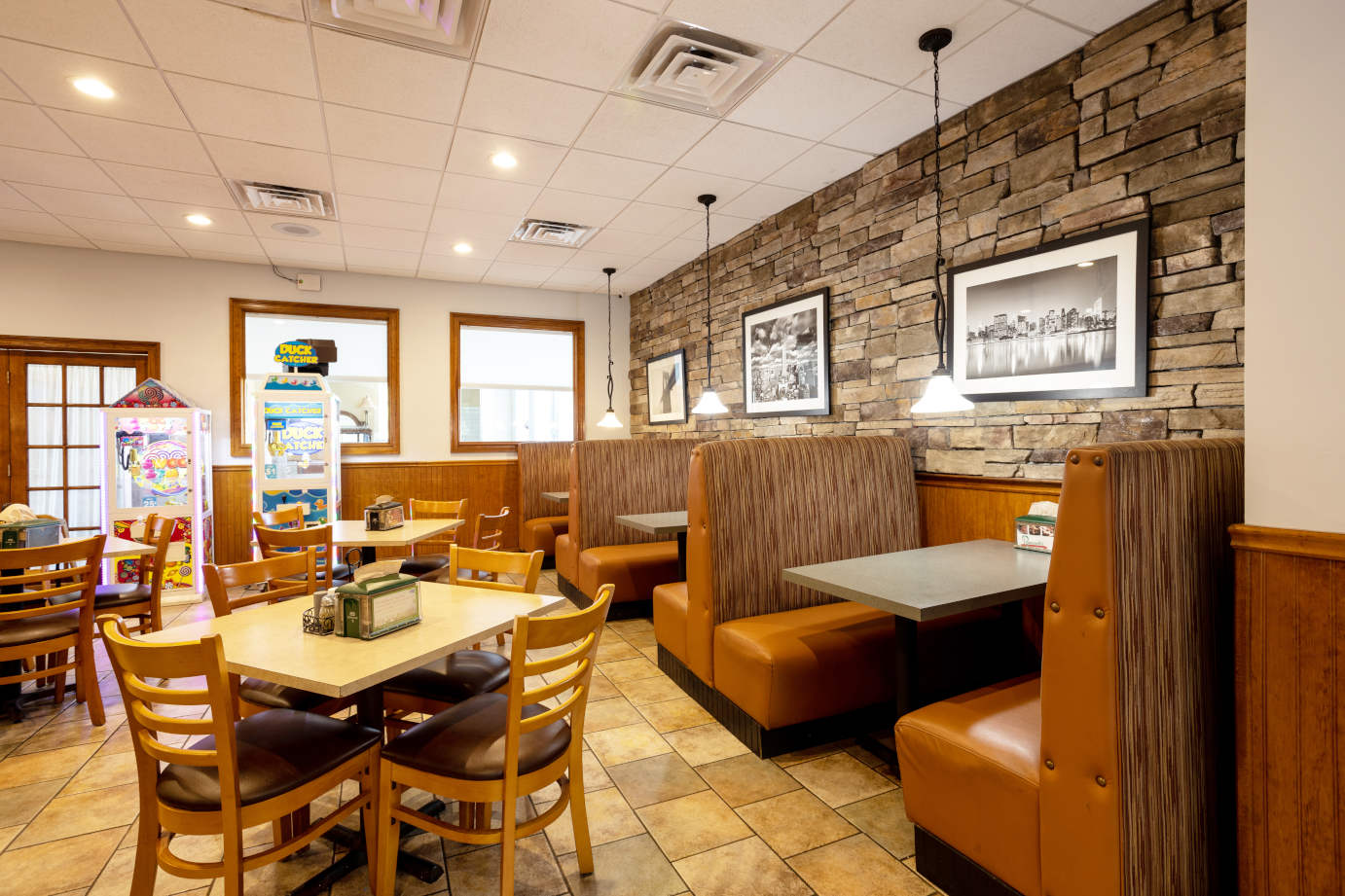 Interior, dining tables and booths