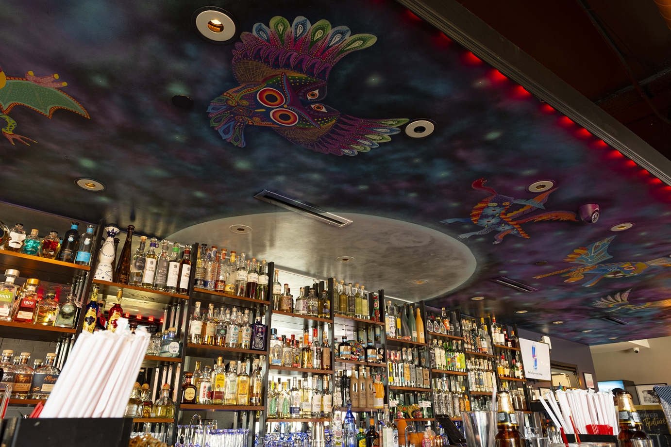 Interior, bar area, mural decoration on the ceiling