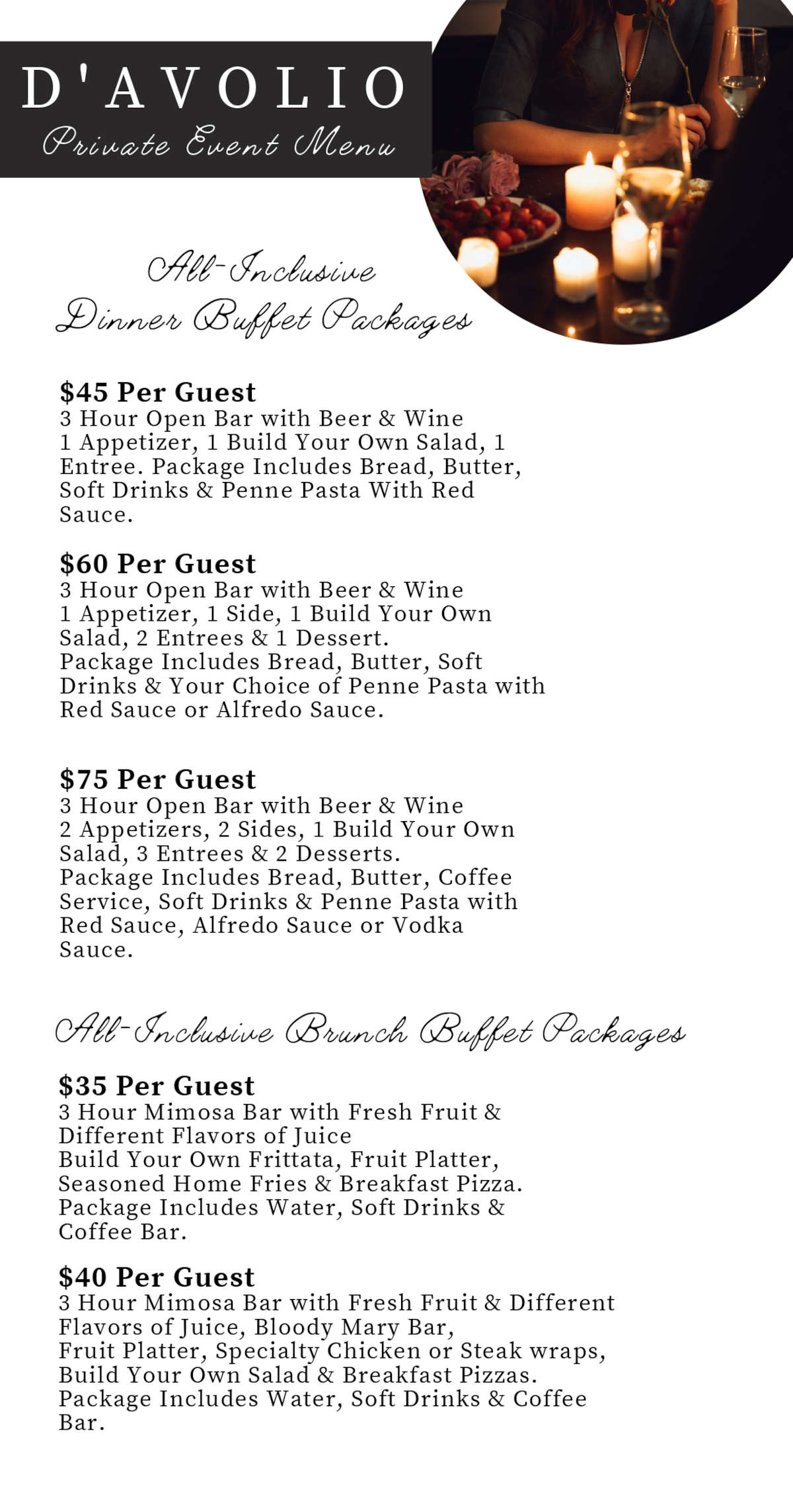 Davolois event menu all inclusive dinner bugget packages