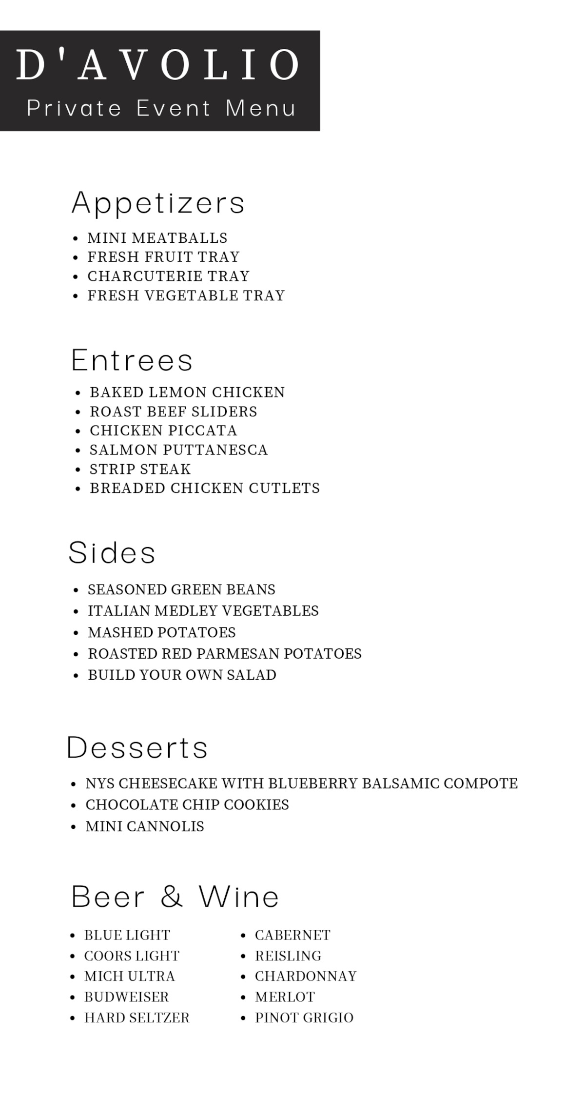 Davolois event menu Appetisers, Entrees, Sides, Desserts, Beer and wine