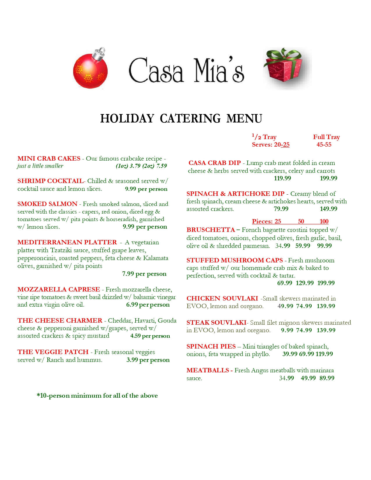 Holiday catering menu from Casa Mia's with food options and prices