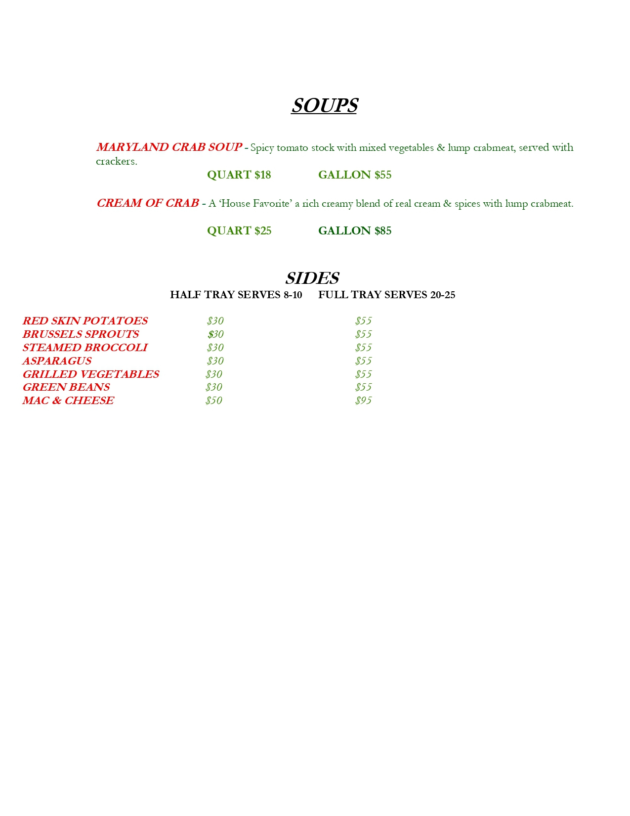 Soup and sides menu from Casa Mia's with options, serving sizes, and prices