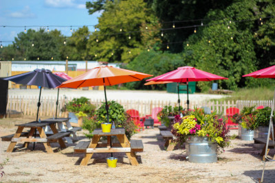 Picnic tables with parasols in patio area