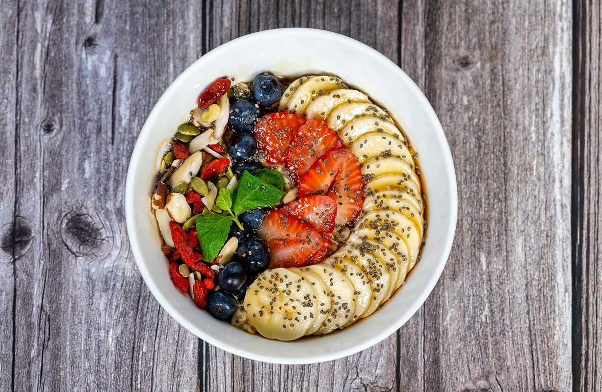 Overnight Oats and Fruit bowl, top view