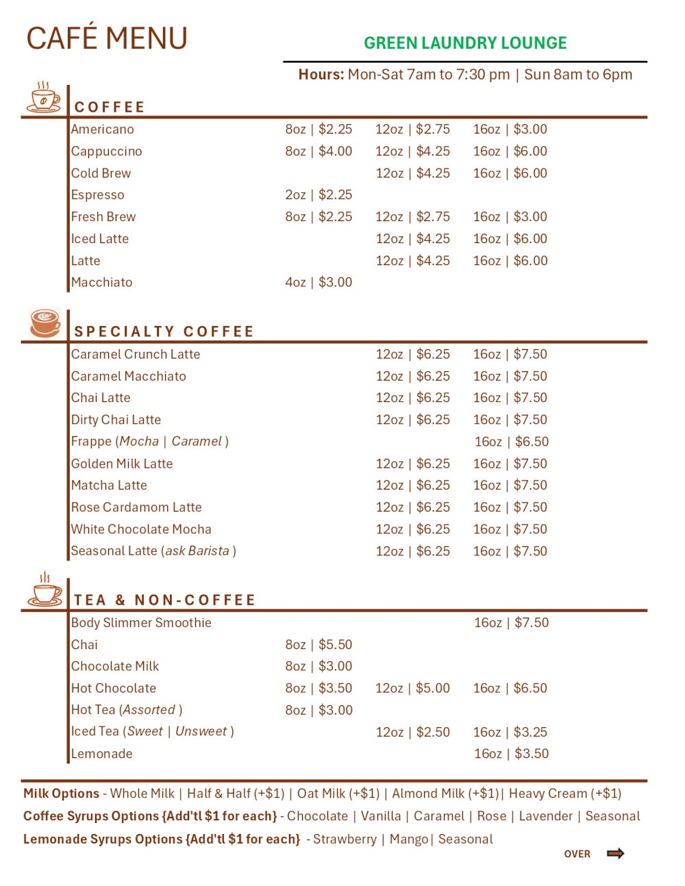 Coffee menu